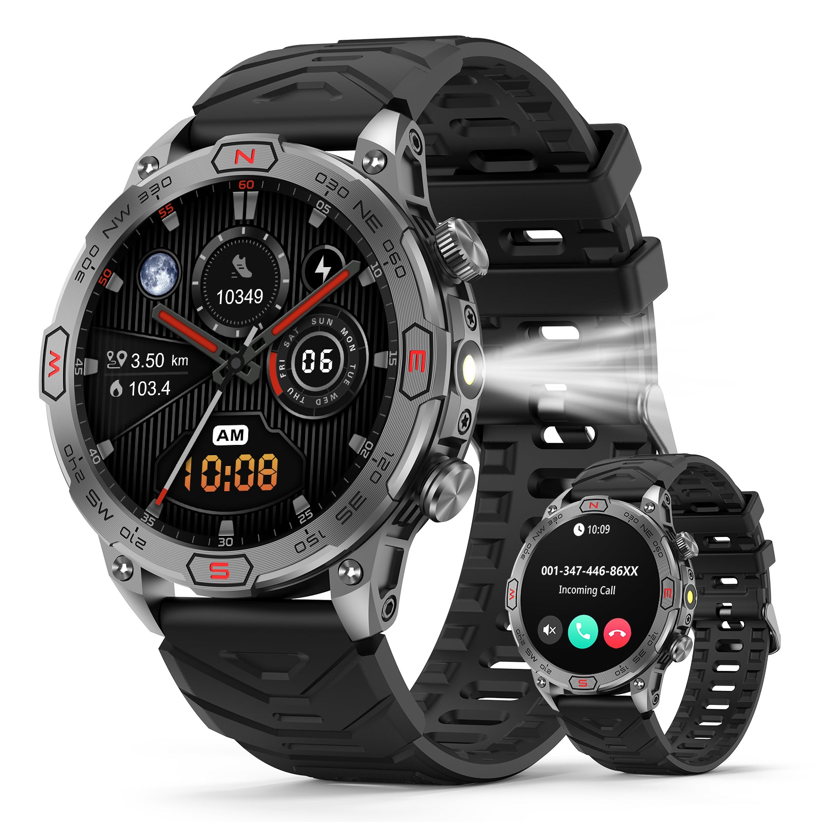 KC86 Smart Watch for Men with LED Flashlight, 1.43" AMOLED Display, Outdoor Smartwatch with Compass/Altitude/Air Pressure