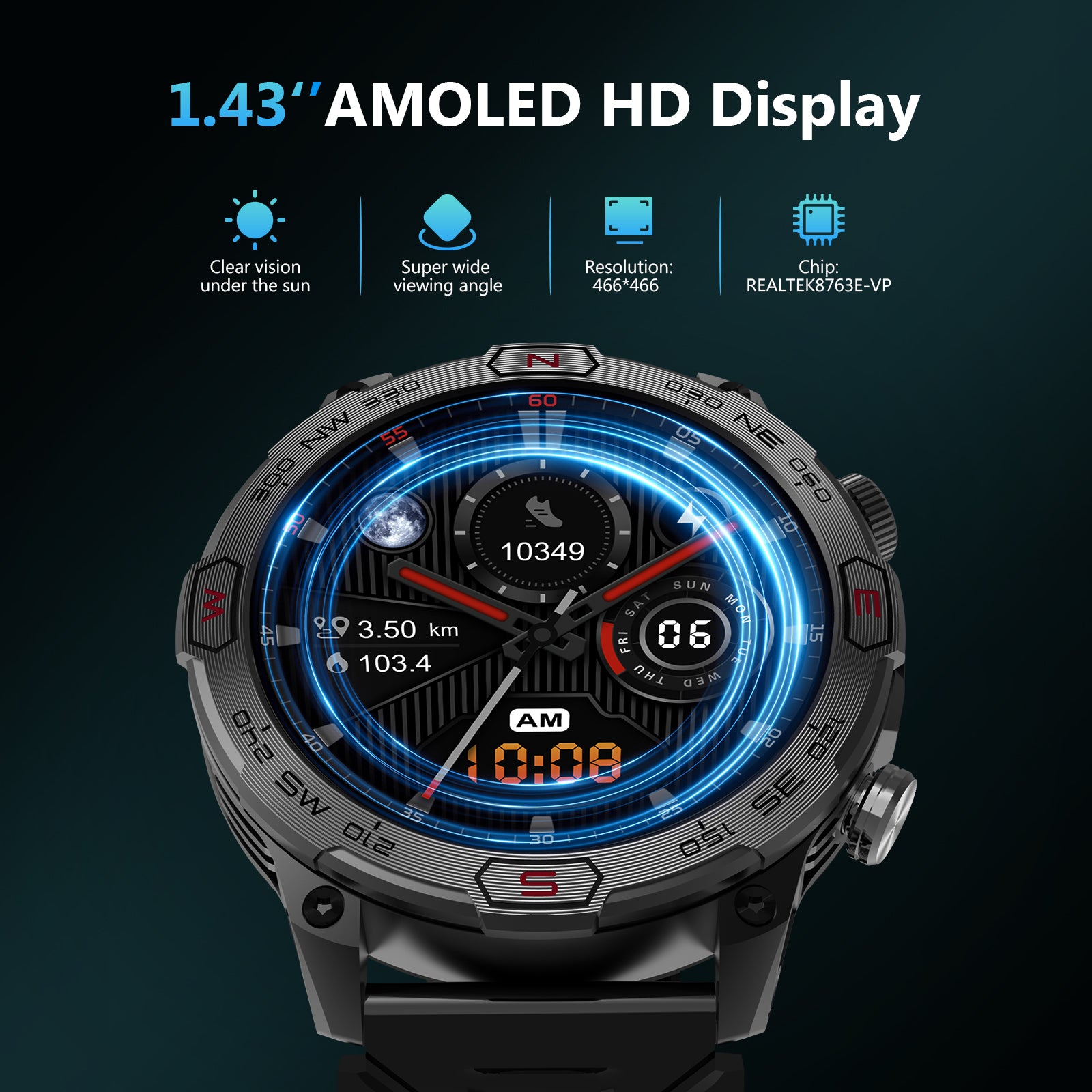 KC86 Smart Watch for Men with LED Flashlight, 1.43" AMOLED Display, Outdoor Smartwatch with Compass/Altitude/Air Pressure